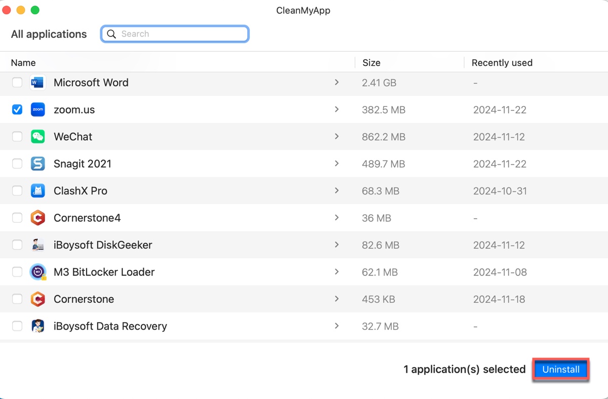 Select Zoom to fully uninstall it on Mac with CleanMyApp