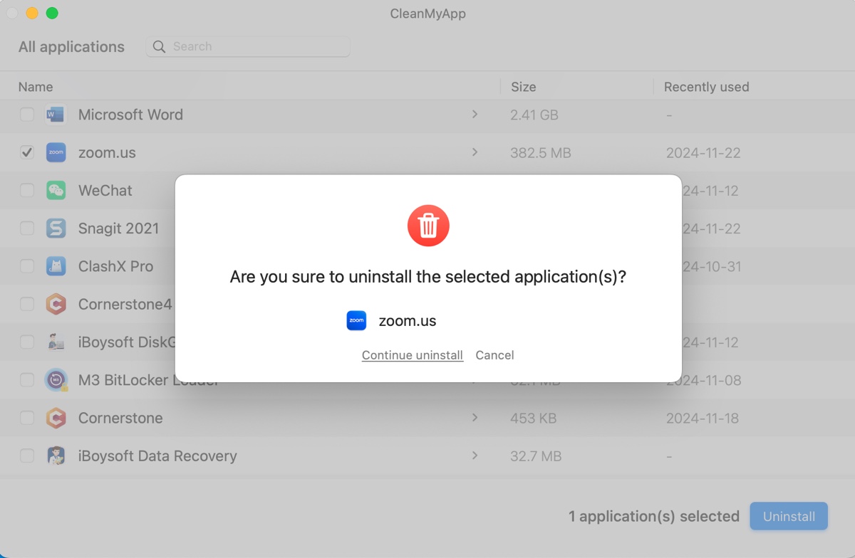 Confirm to uninstall Zoom on Mac