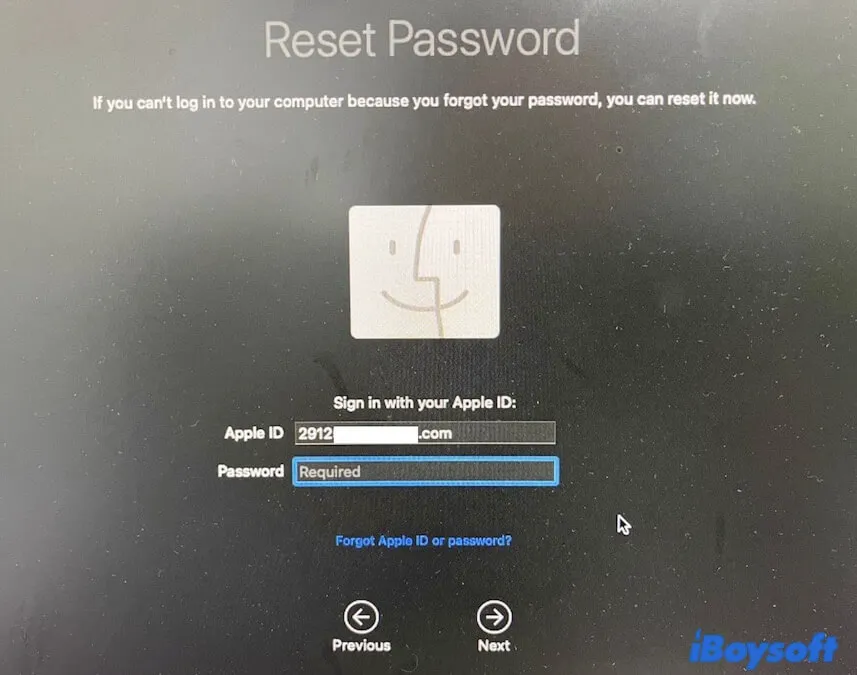 saisissez l'identifiant Apple et le mot de passe sur la fenêtre de l'assistant de réinitialisation du mot de passe