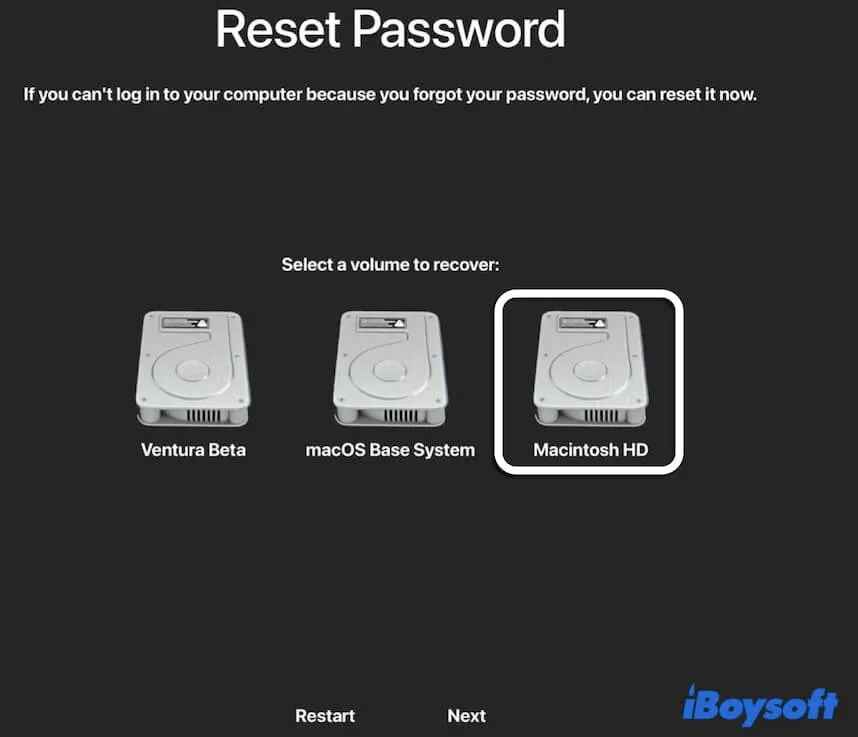 selecg a volume to reset password