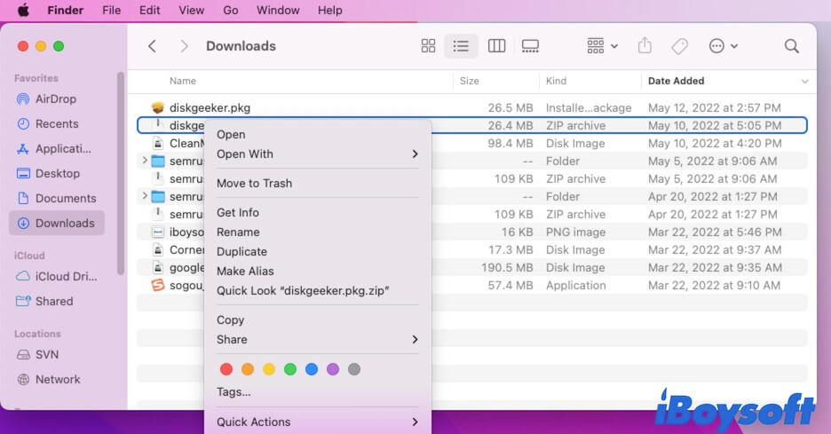 clic droit pour décompresser des fichiers sur Mac