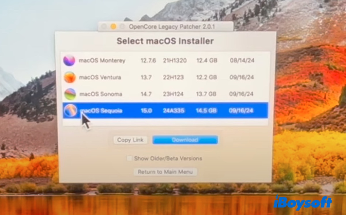 Choose a macOS version to download the installer
