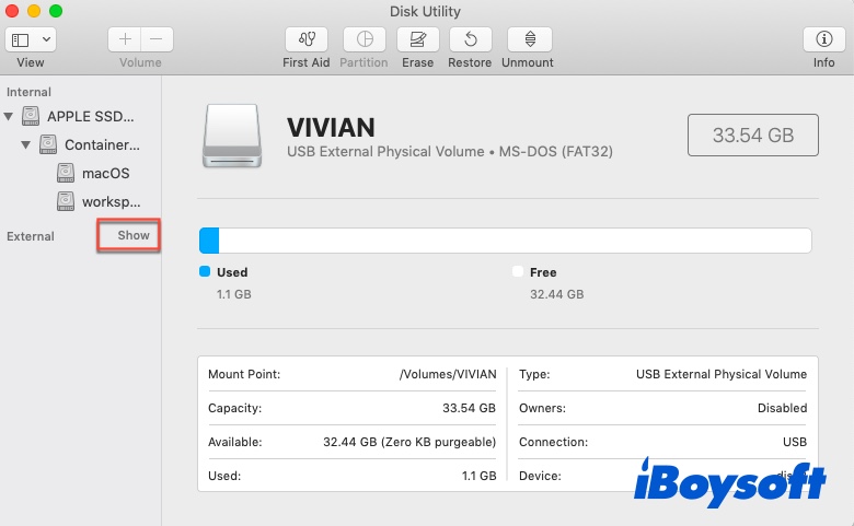show external hard drive in Disk Utility