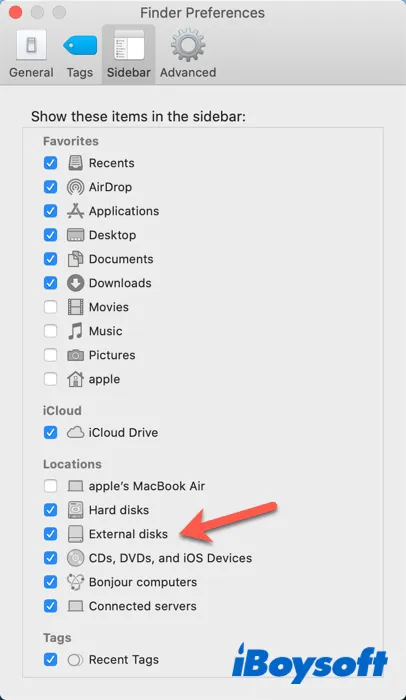 show external hard drive in Mac Finder sidebar