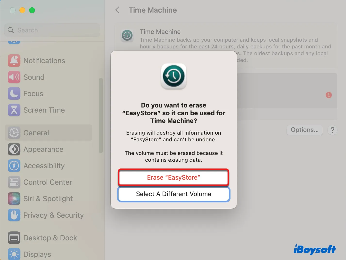 Agree to erase your easystore external hard drive for Time Machine