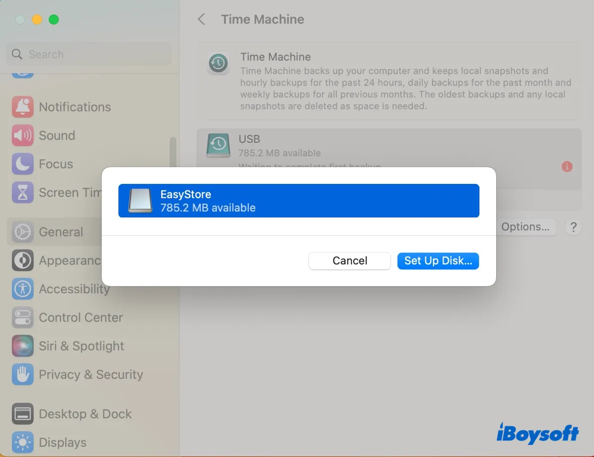 Seleccione su unidad easystore como disco de copia de seguridad de Time Machine en macOS Ventura o posterior