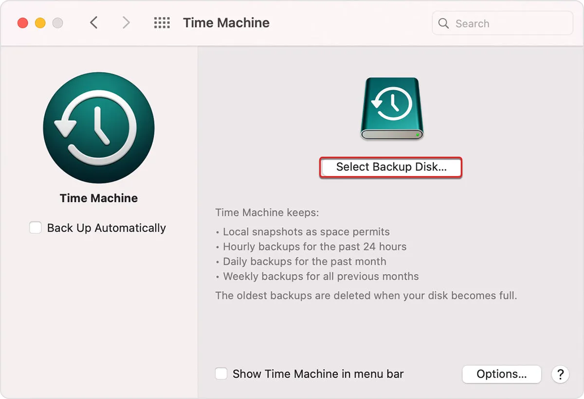 Use Time Machine on Mac with easystore on macOS Monterey or earlier