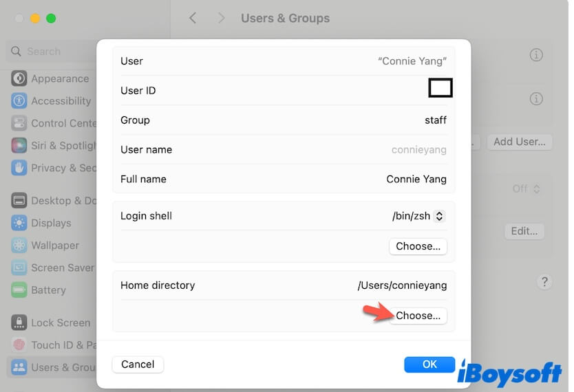 click Choose button to change the Home folder location