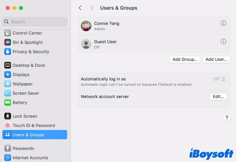 open User and Groups settings