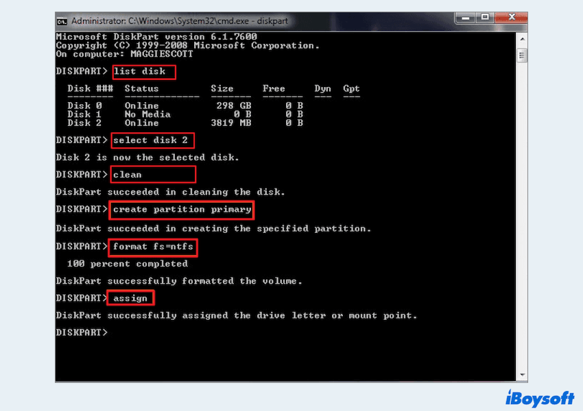 Clean a USB drive by Diskpart