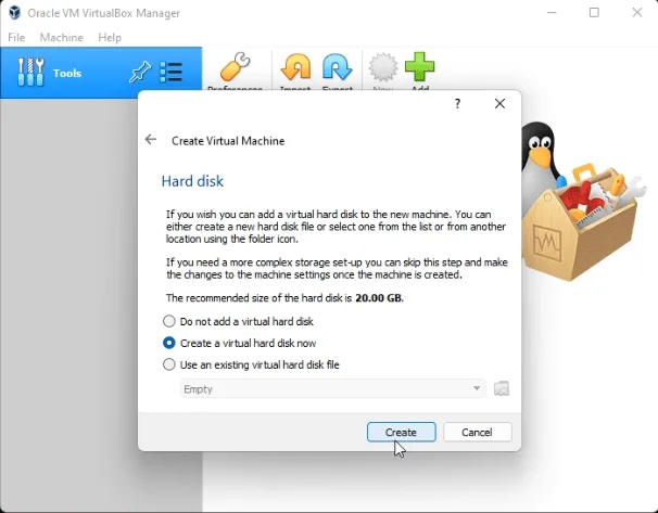 Create a new virtual hard disk now