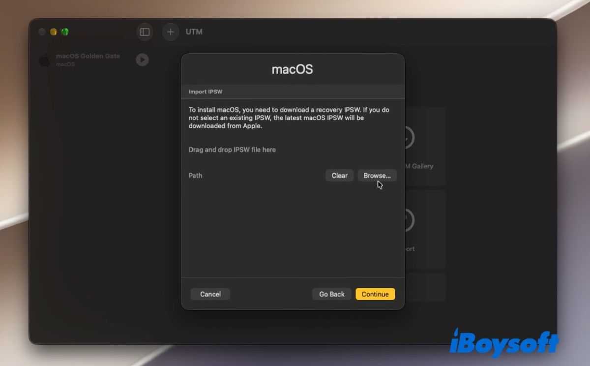 Click the button to add macOS IPSW file