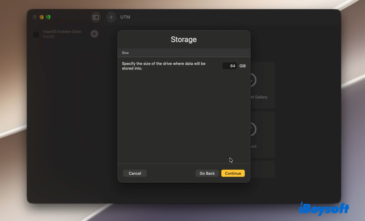 Allcoate stroage to the macOS Golden Gate virtual machine