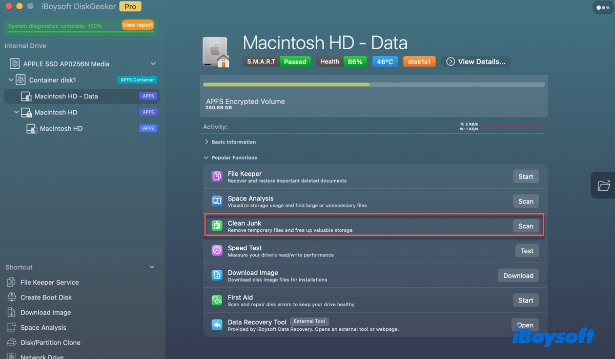 Click Clean junk to scan the junk files on a Mac