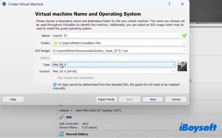 choose macOS Golden Gate ISO file as the type