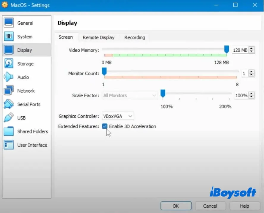 edit display settings for the VM in vritalbox
