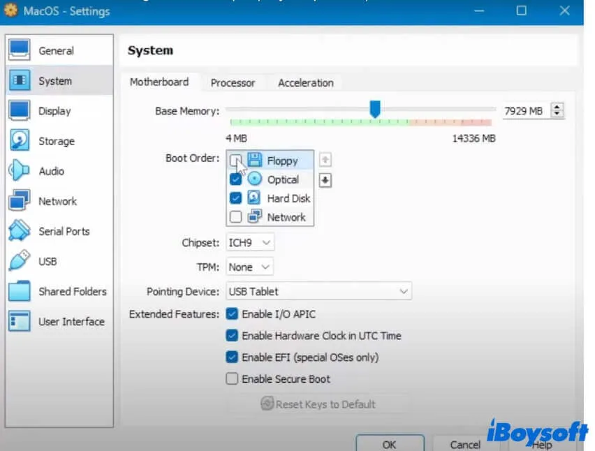 edit system settings for the VM in vritalbox