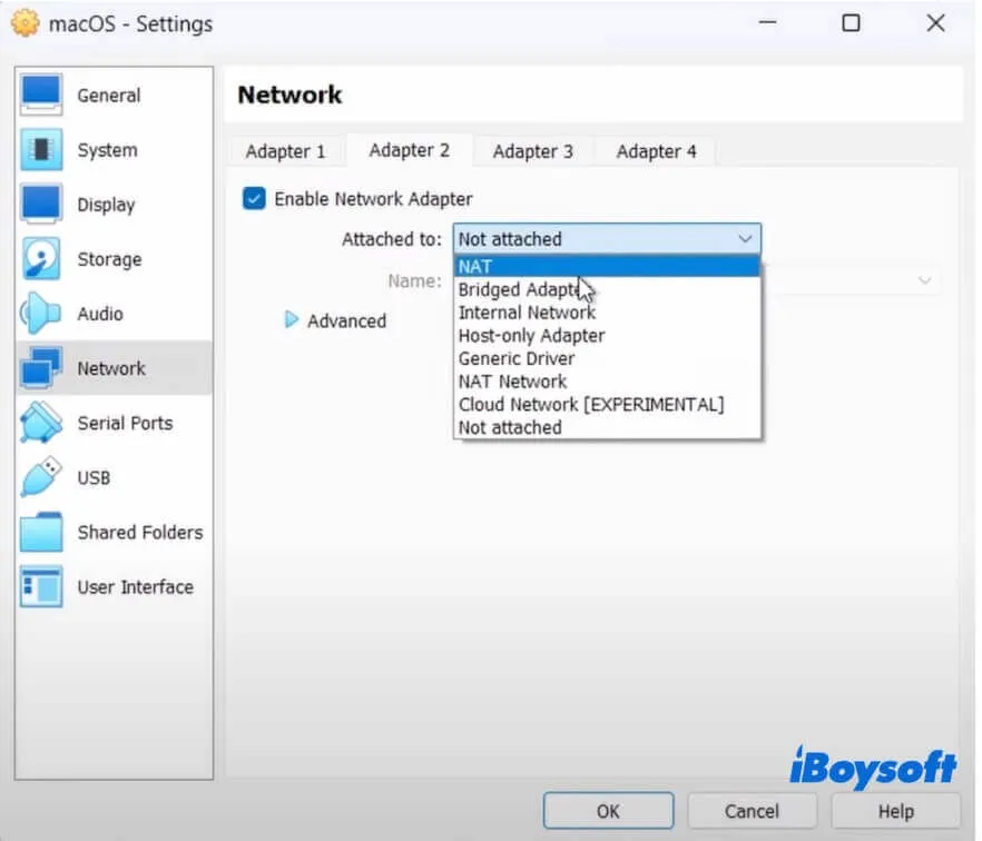 edit network settings for the VM in vritalbox