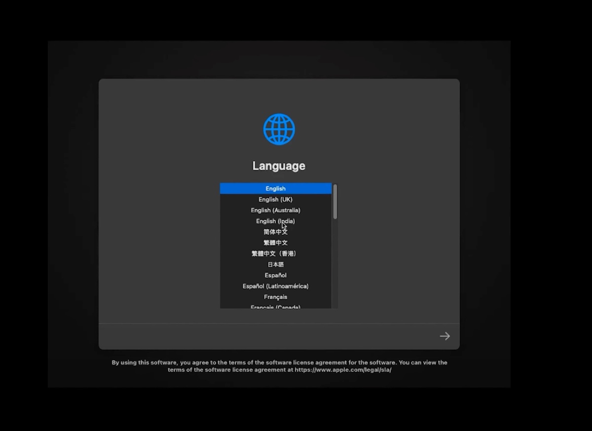 Choose a language for macOS virtual machine