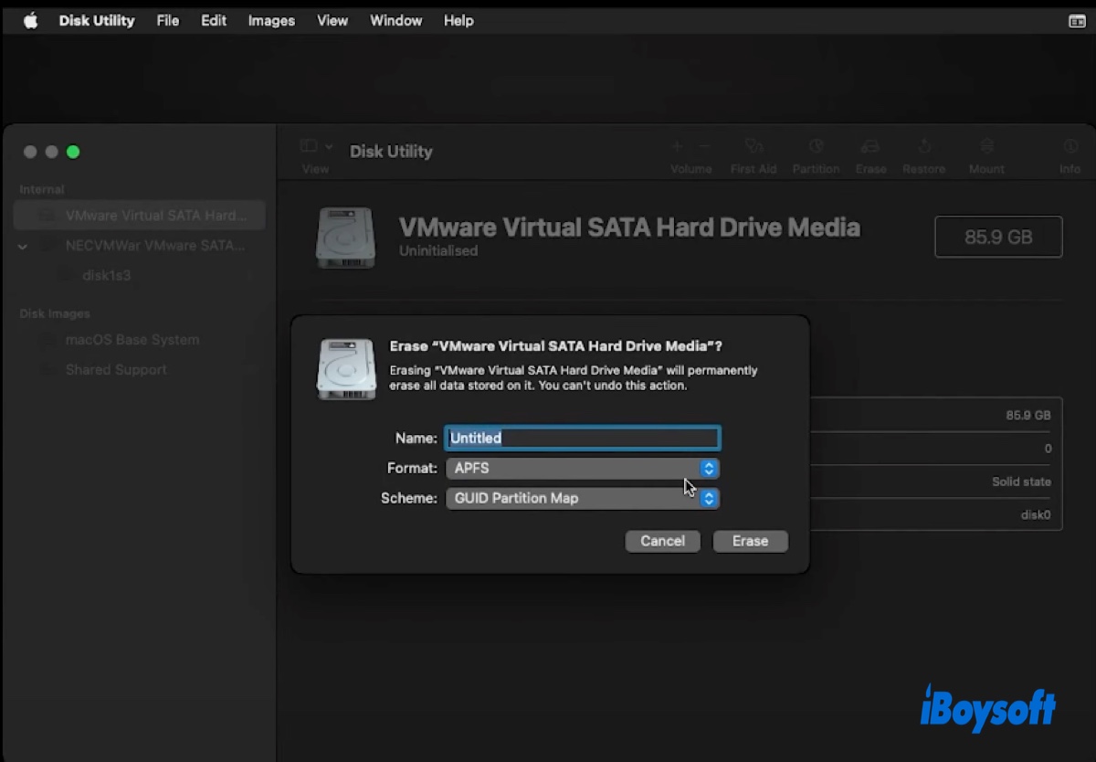 macOS用のVMware仮想ハードドライブをフォーマットする方法