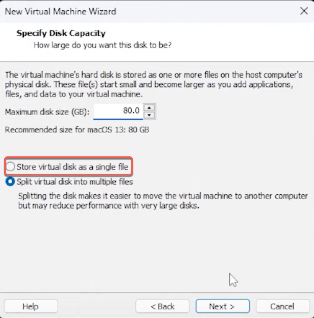Specify the maximum disk space for macOS on VMware