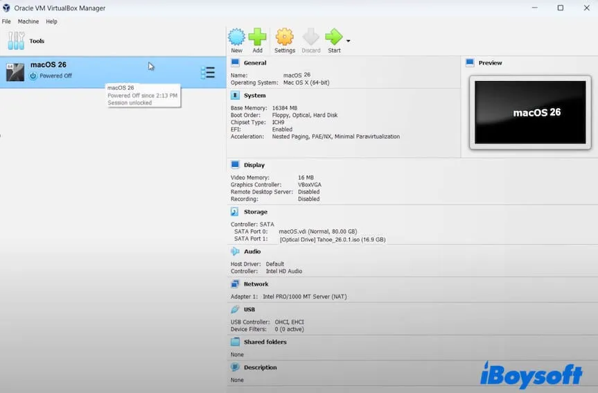 Wählen Sie die macOS Tahoe virtuelle Maschine in VirtualBox aus