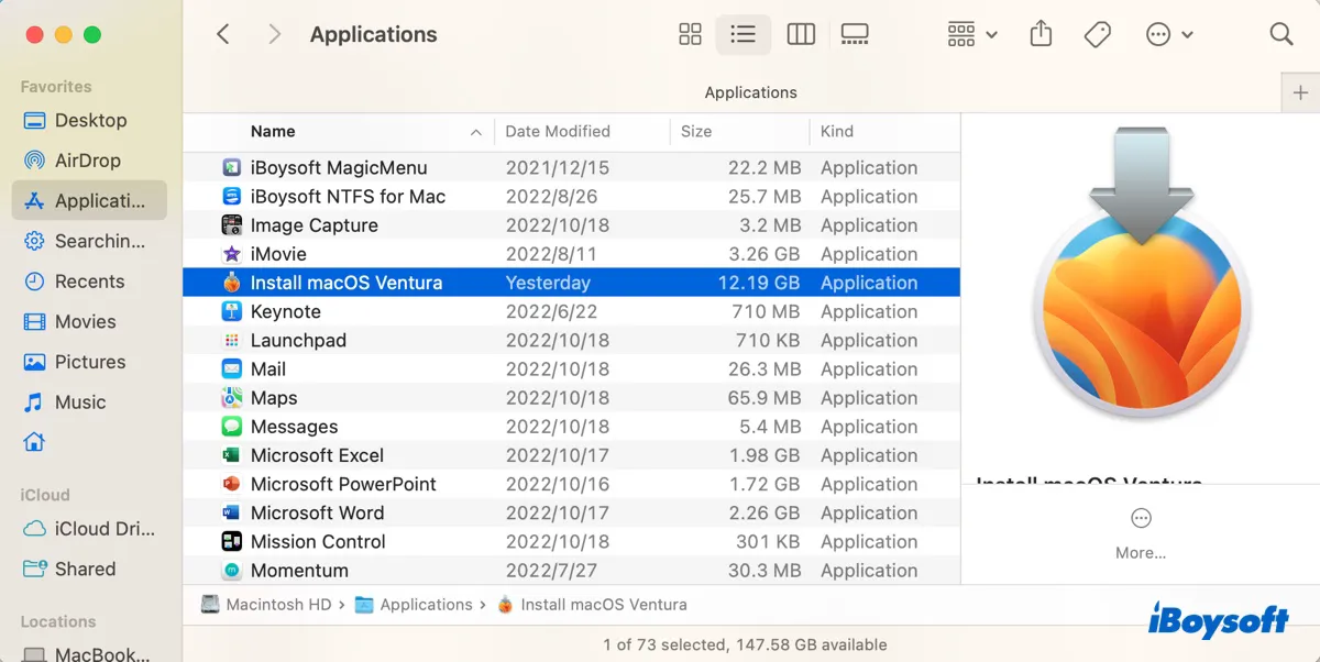 Run macOS Ventura installer from the Applications folder
