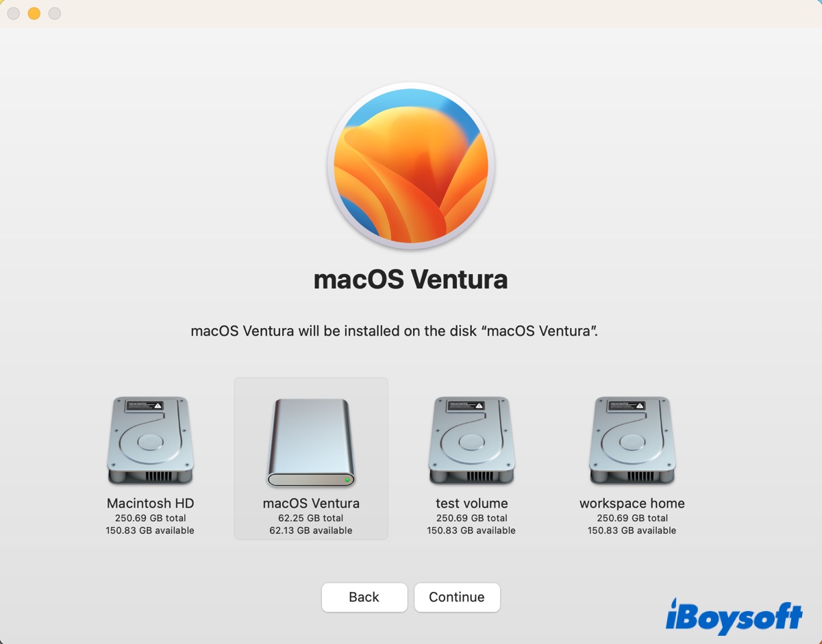 Select a separate partition to install macOS Ventura
