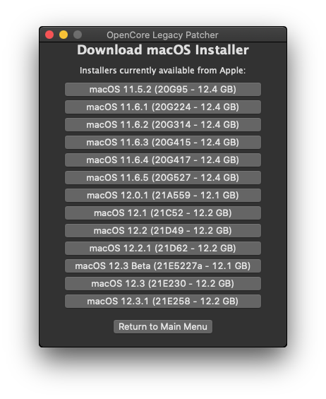 download recent macOS in OpenCore Legacy Patcher