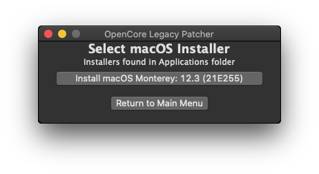 select macOS Installer in OpenCore Legacy Patcher