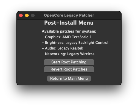 click the Start Root Patching button in Post Install Menu window
