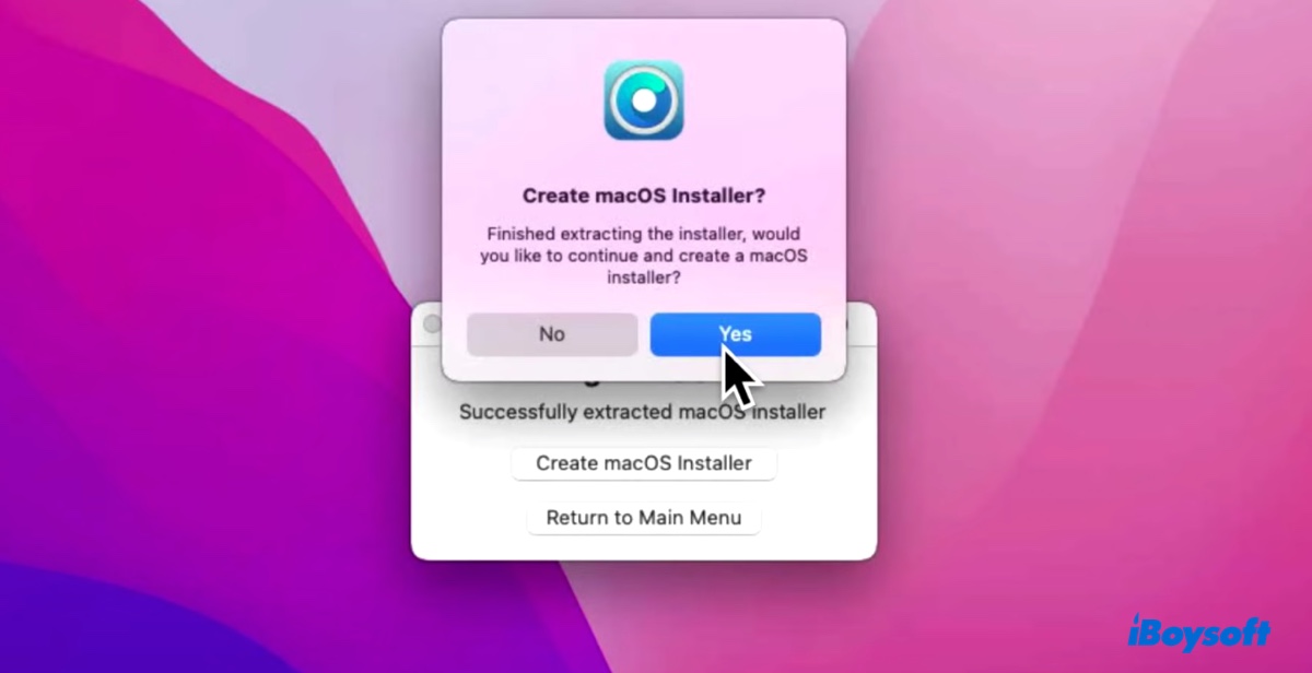 Clique em Sim para concordar em criar o instalador do macOS Sonoma