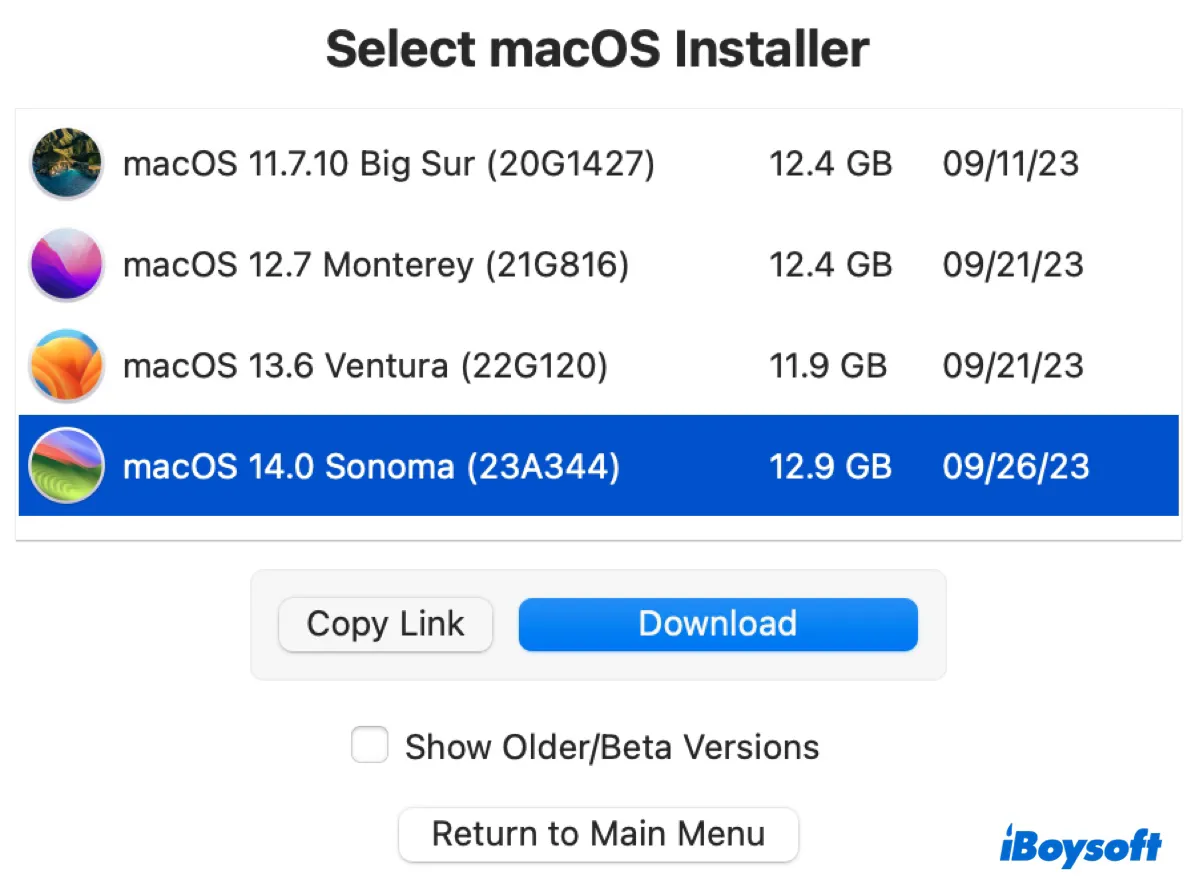 Wählen Sie macOS Sonoma aus, um es auf einem nicht unterstützten Mac herunterzuladen