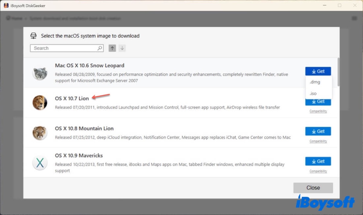 Auswahl des Downloads der Mac OS X Lion ISO-Datei