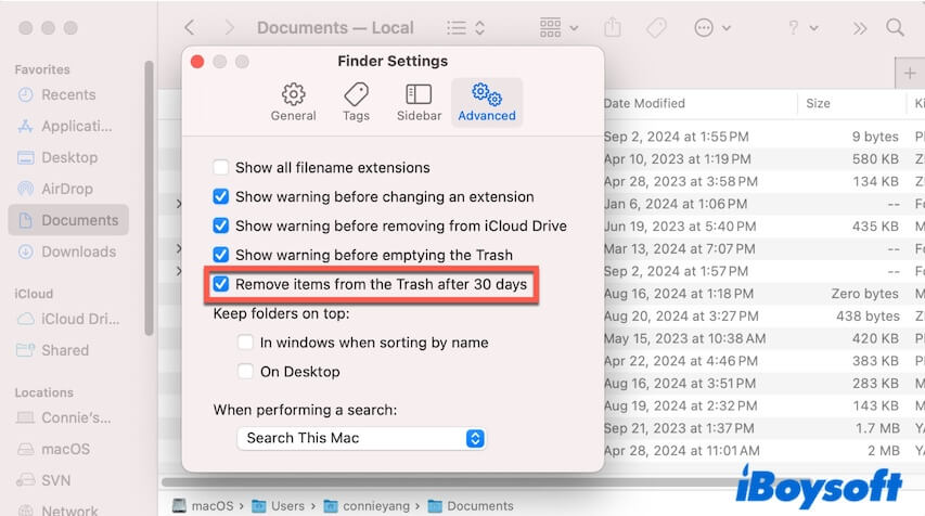 enable automatic empty Trash on Mac