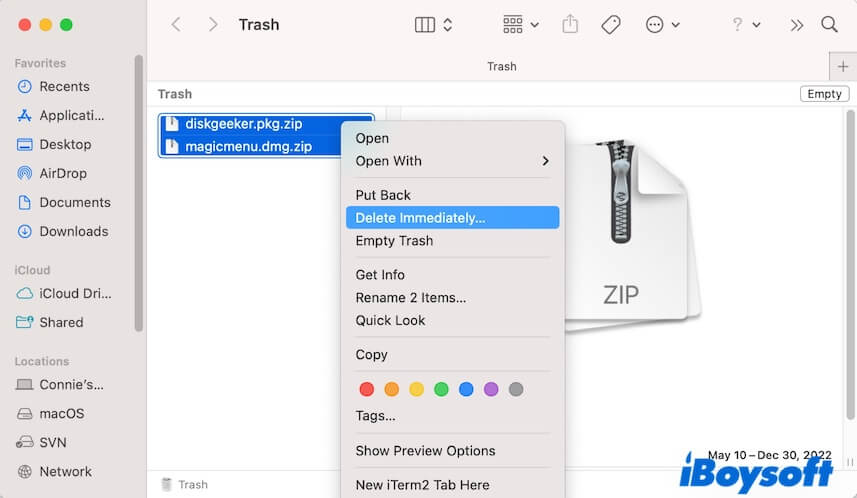 immediately delete files in Mac Trash