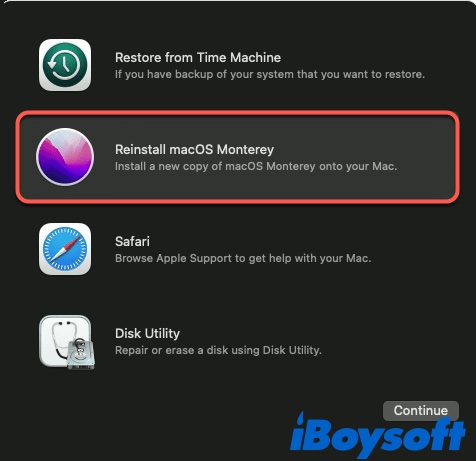 picture showing selecting reinstall macOS Monterey in Recovery Mode 