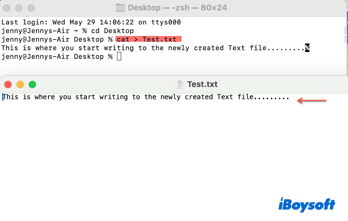 How to create a Text file from Terminal on Mac and write to it inside Terminal