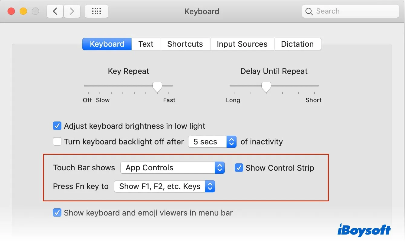 revise Touch Bar settings to App Controls