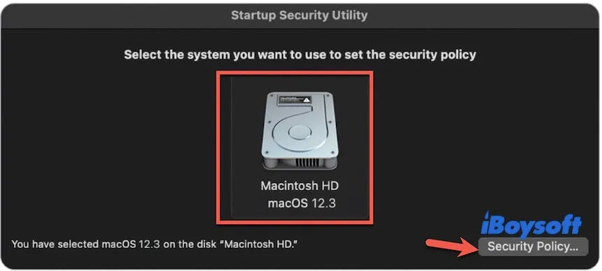 select a startup disk you want to reset security policy