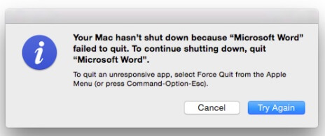 an error message says that your Mac cannot shut down because an app failed to quit