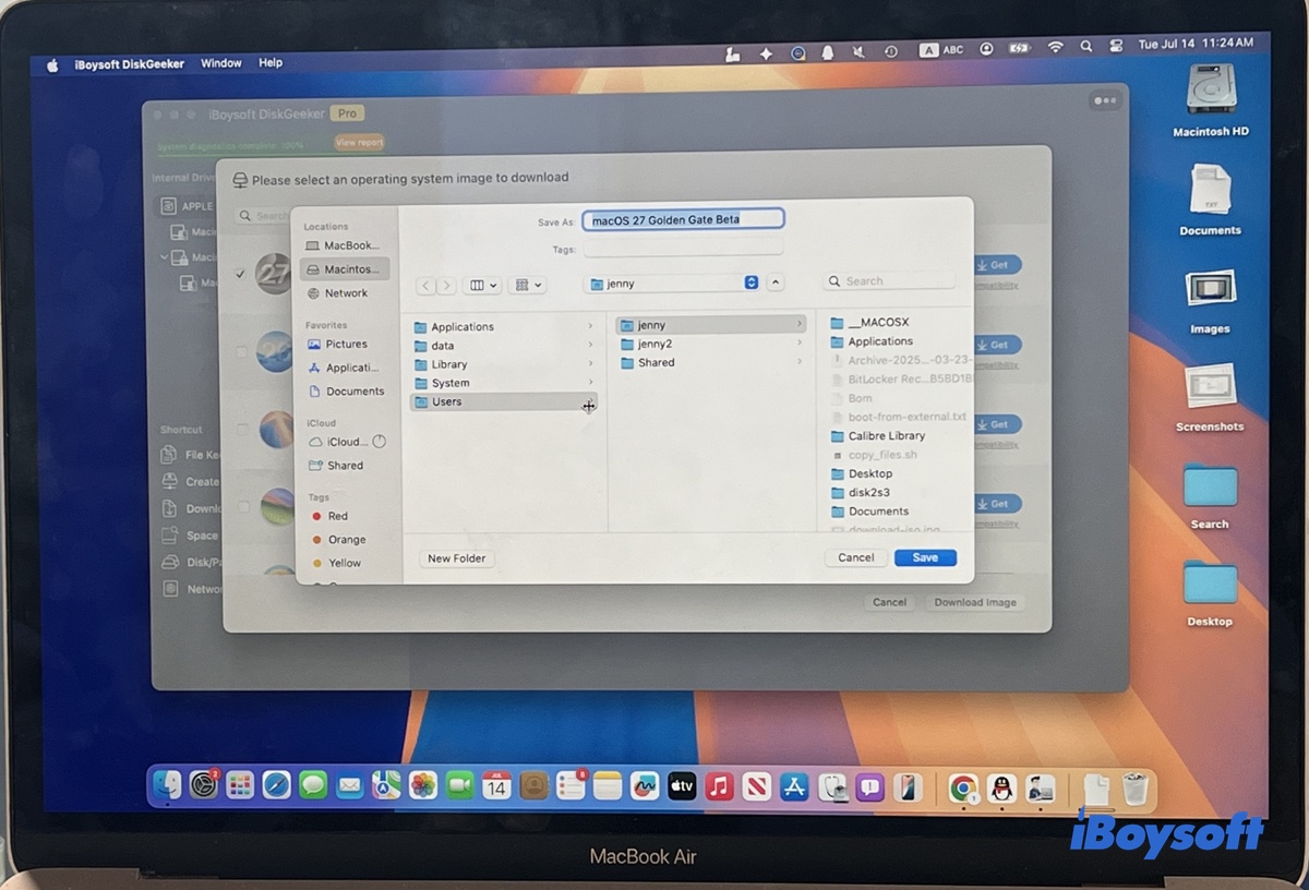 Choosing a location to save the macOS 27 DMG file