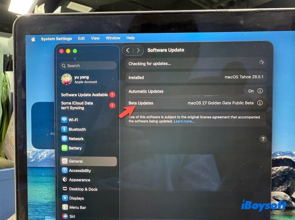 click Beta Updates in Software Update