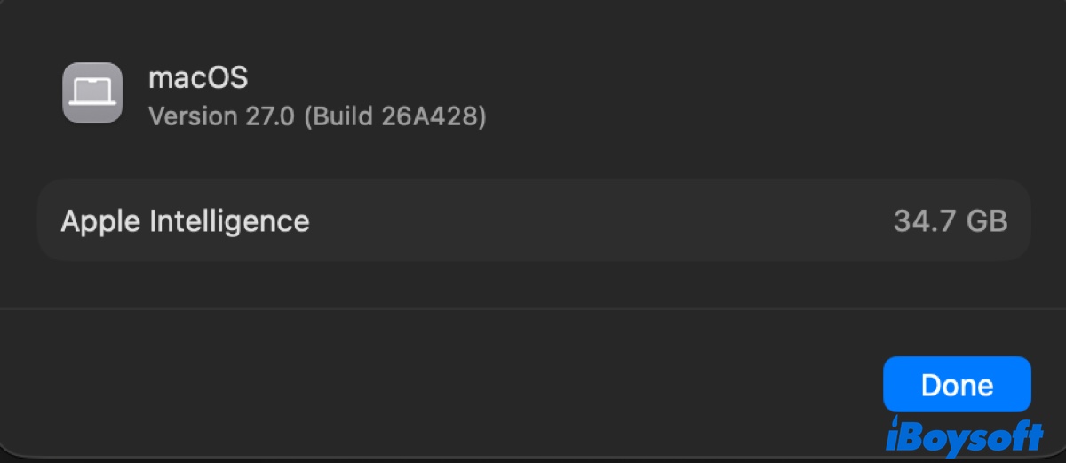 Clicking the info button besides macOS shows Apple Intelligence taking 34.7 GB of storage