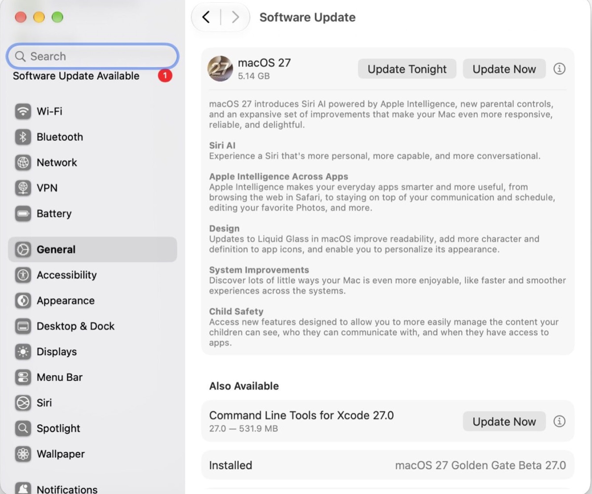 Upgrading to macOS Golden Gate in Software Update
