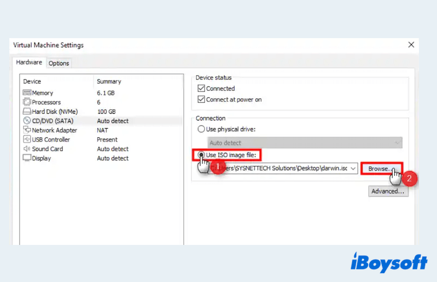 install macOS High Sierra on VMware step to use ISO file