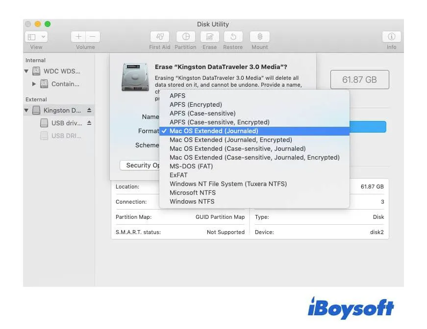 format the external USB drive to Mac OS Extended