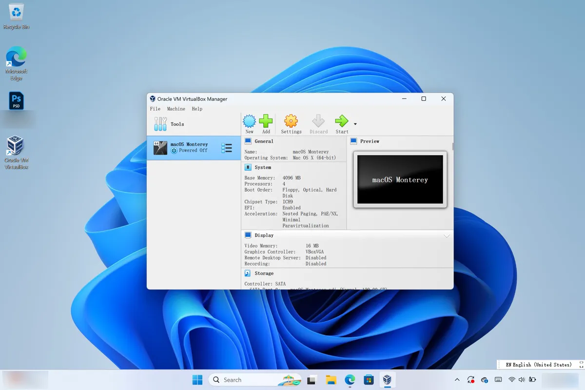Haz clic en Configuración para personalizar la máquina virtual de macOS Monterey