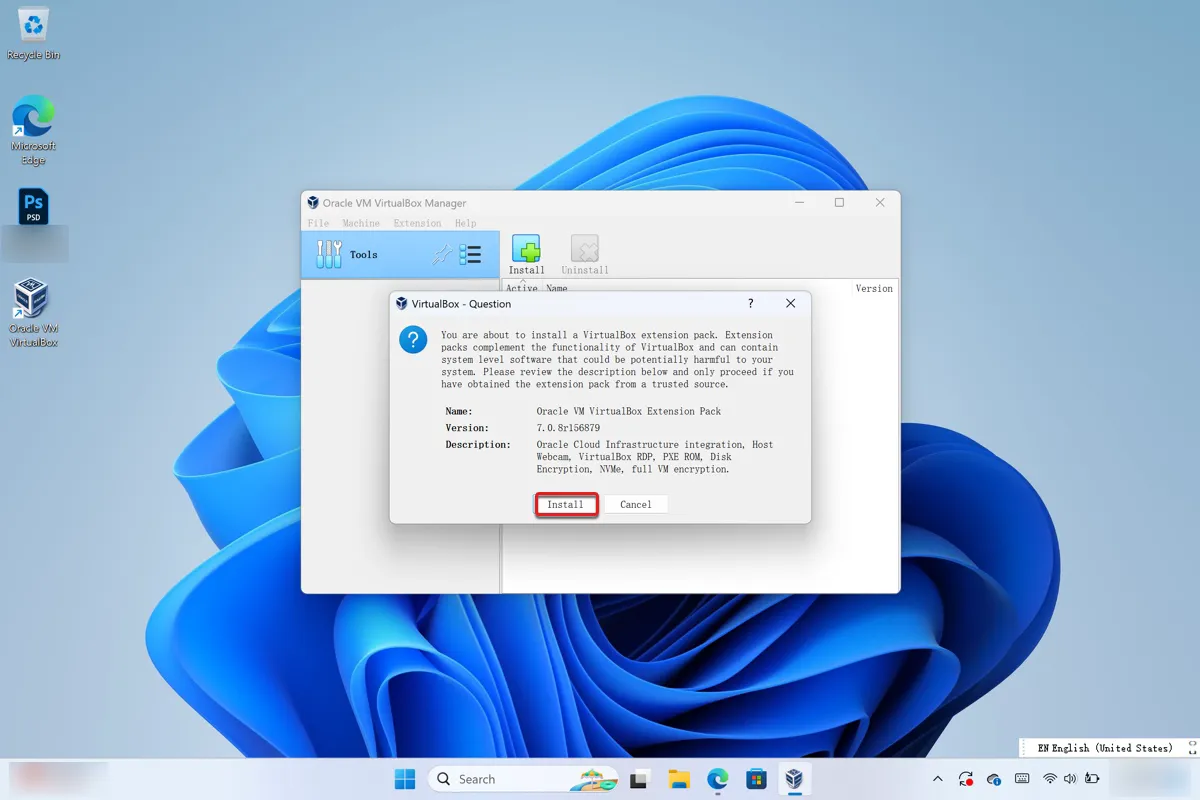 Instale o pacote de extensões VirtualBox no PC com Windows
