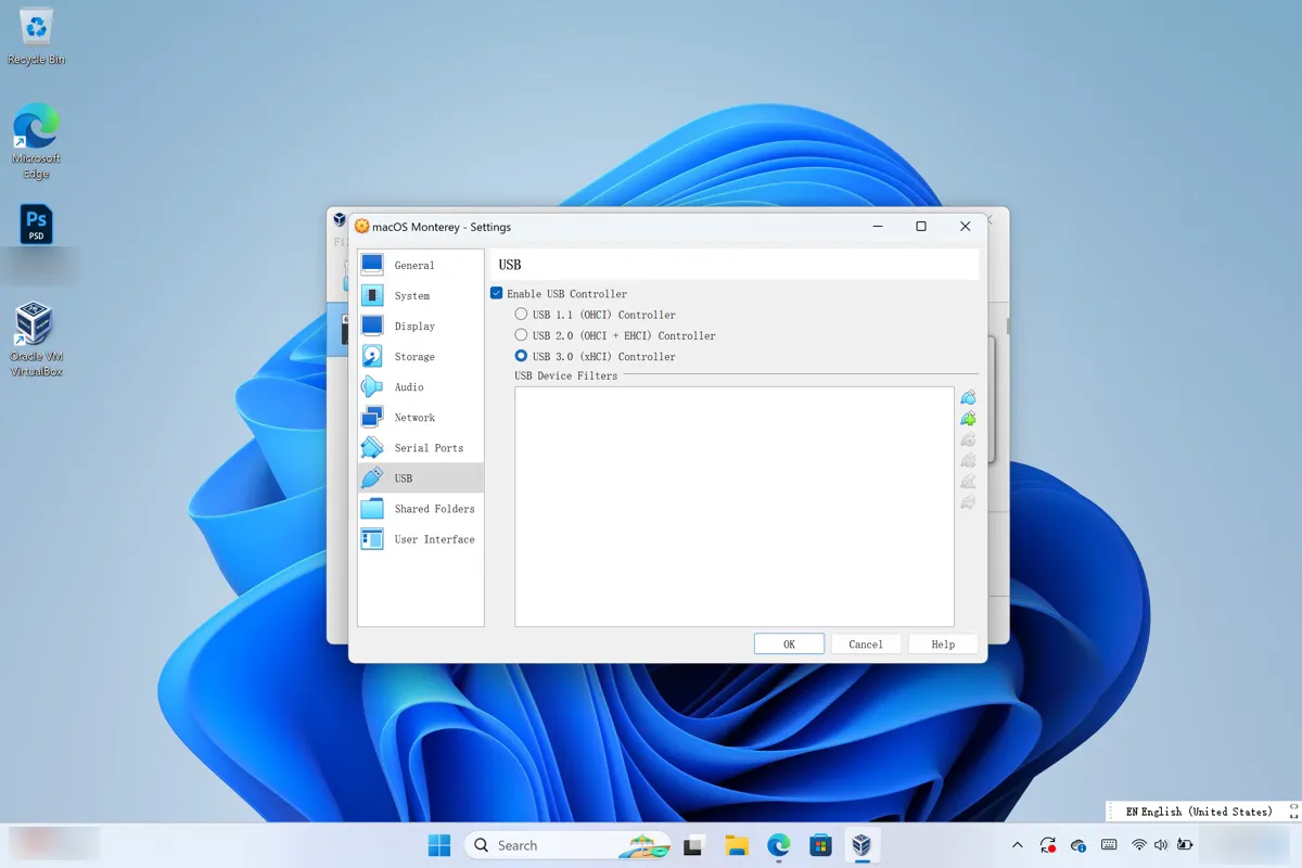 Selecione o controlador USB 3 para a máquina virtual do macOS Monterey